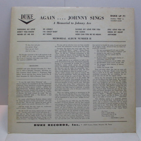 Johnny Ace - Memorial Album for Johnny Ace (US '61 Re L. Stereo/Matt CVR+Sticker Stereo)