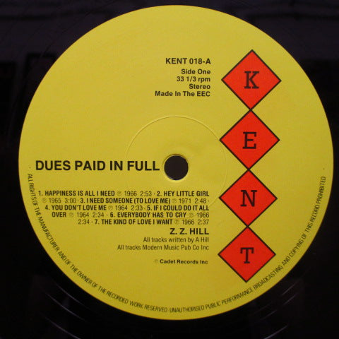 Z.Z. HILL (Z.Z.ヒル) - Dues Paid In Full (UK '84 Reissue Stereo LP/Kent-018)