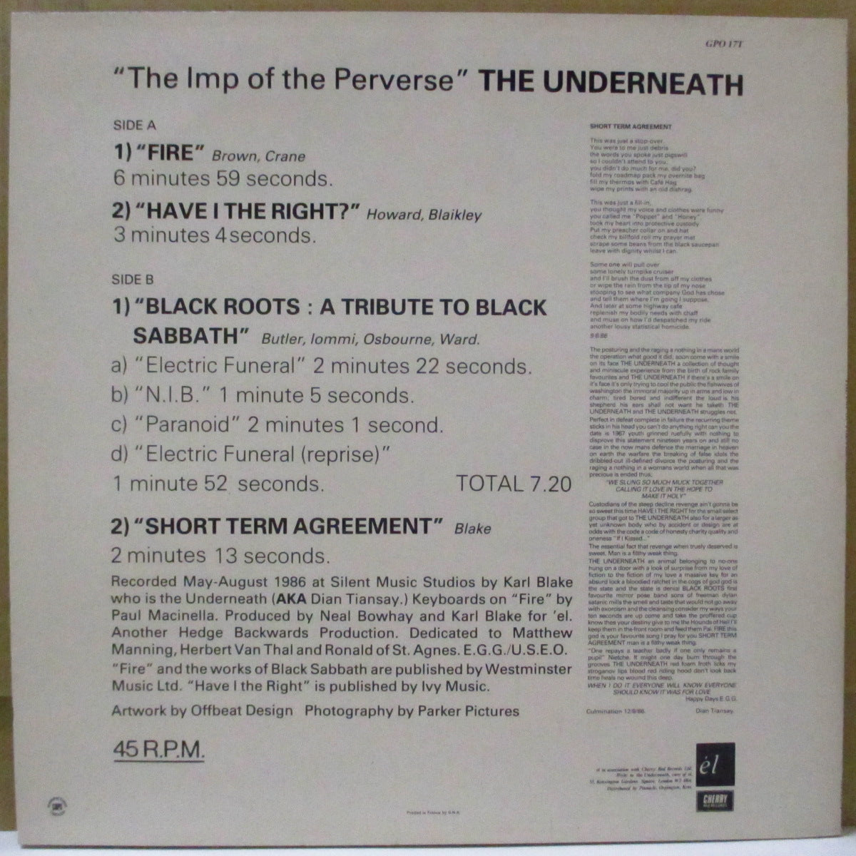 UNDERNEATH, THE (アンダーニース) - The Imp Of The Perverse (UK オリジナル 12")