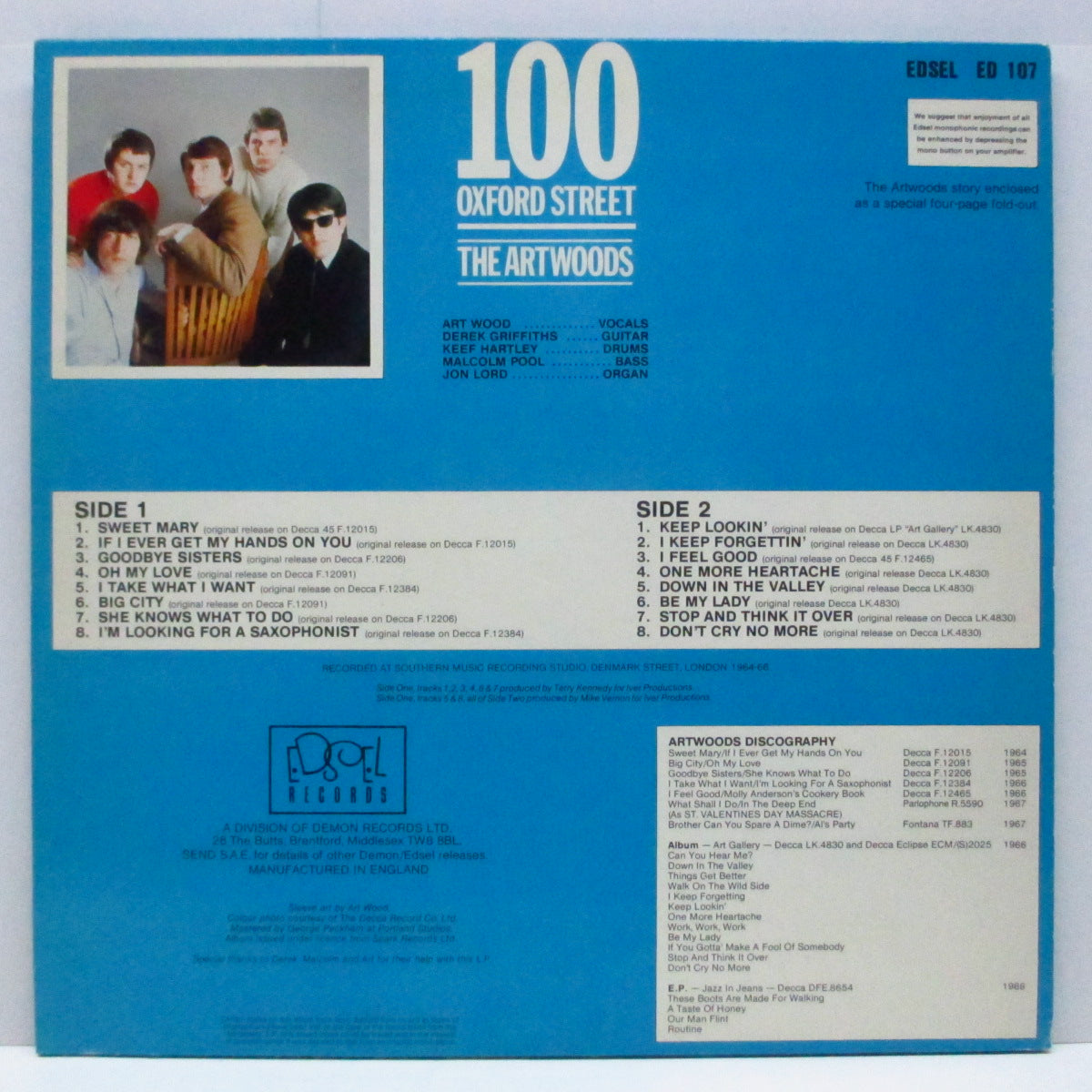 ARTWOODS (アート・ウッド) - 100 Oxford Street (UK オリジナル「ブルーラベ」LP+インサート)