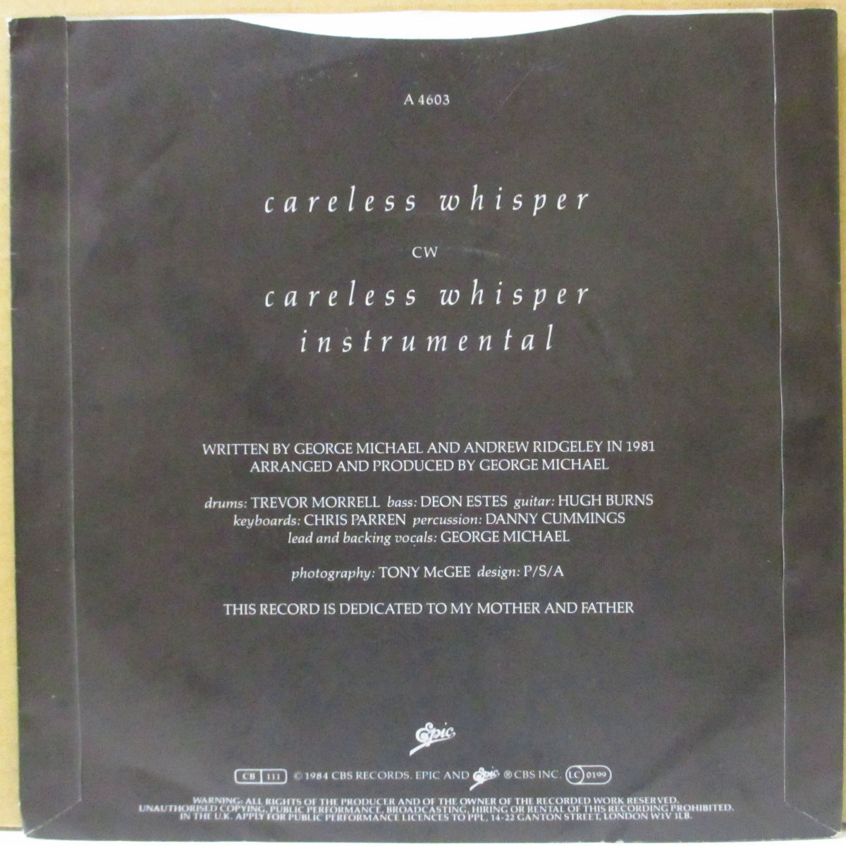 GEORGE MICHAEL (ジョージ・マイケル) - Careless Whisper (UK オリジナル・プラスチックラベ 7"+PS)
