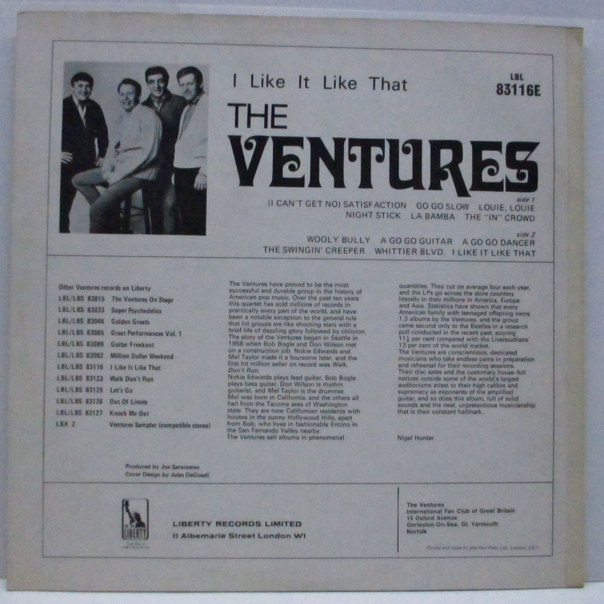 VENTURES (ベンチャーズ) - I Like It Like That (UK 60's 再発「モノラル」LP/表面コーティングジャケ)