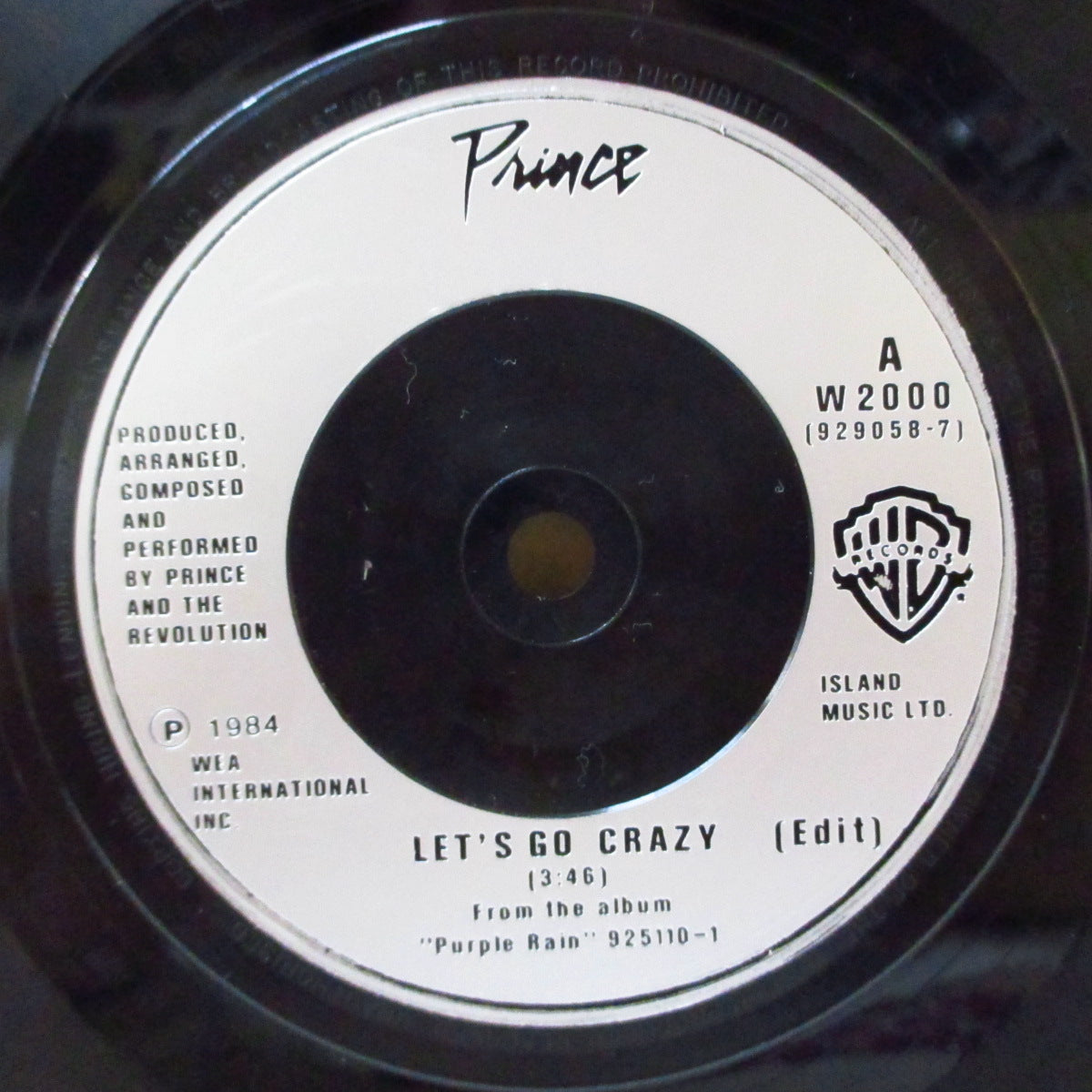 PRINCE And The Revolution (プリンス・アンド・ザ・レヴォリューション) - Let's Go Crazy (UK オリジナル・プラスチックラベ 7"+マット・ソフト紙ジャケ)