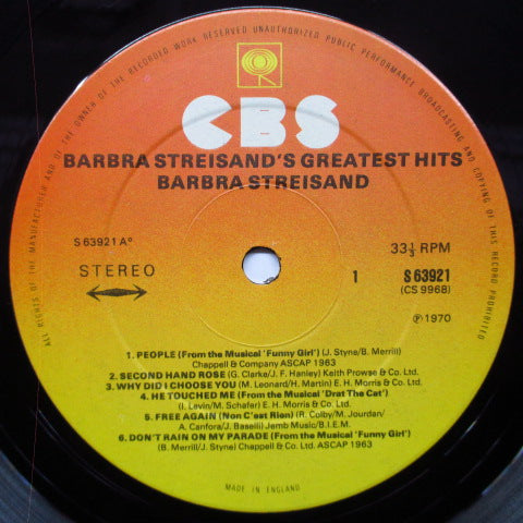 BARBRA STREISAND (バーブラ・ストライサンド) - Greatest Hits (UK 再発 LP)