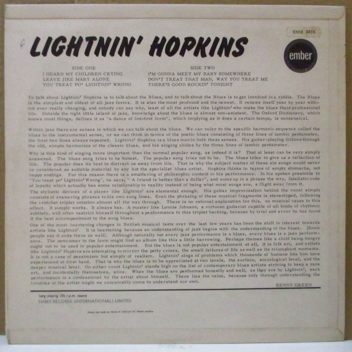 LIGHTNIN' HOPKINS (ライトニン・ホプキンス) - Live At The Bird Lounge (UK 60's Reissue LP/CFS)