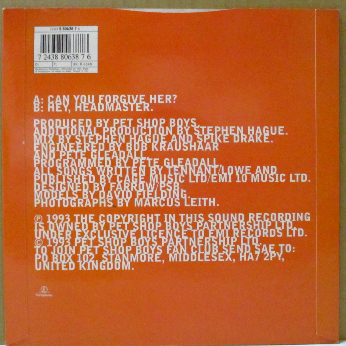 PET SHOP BOYS (ペット・ショップ・ボーイズ) - Can You Forgive Her? (UK オリジナル 7"+PS)