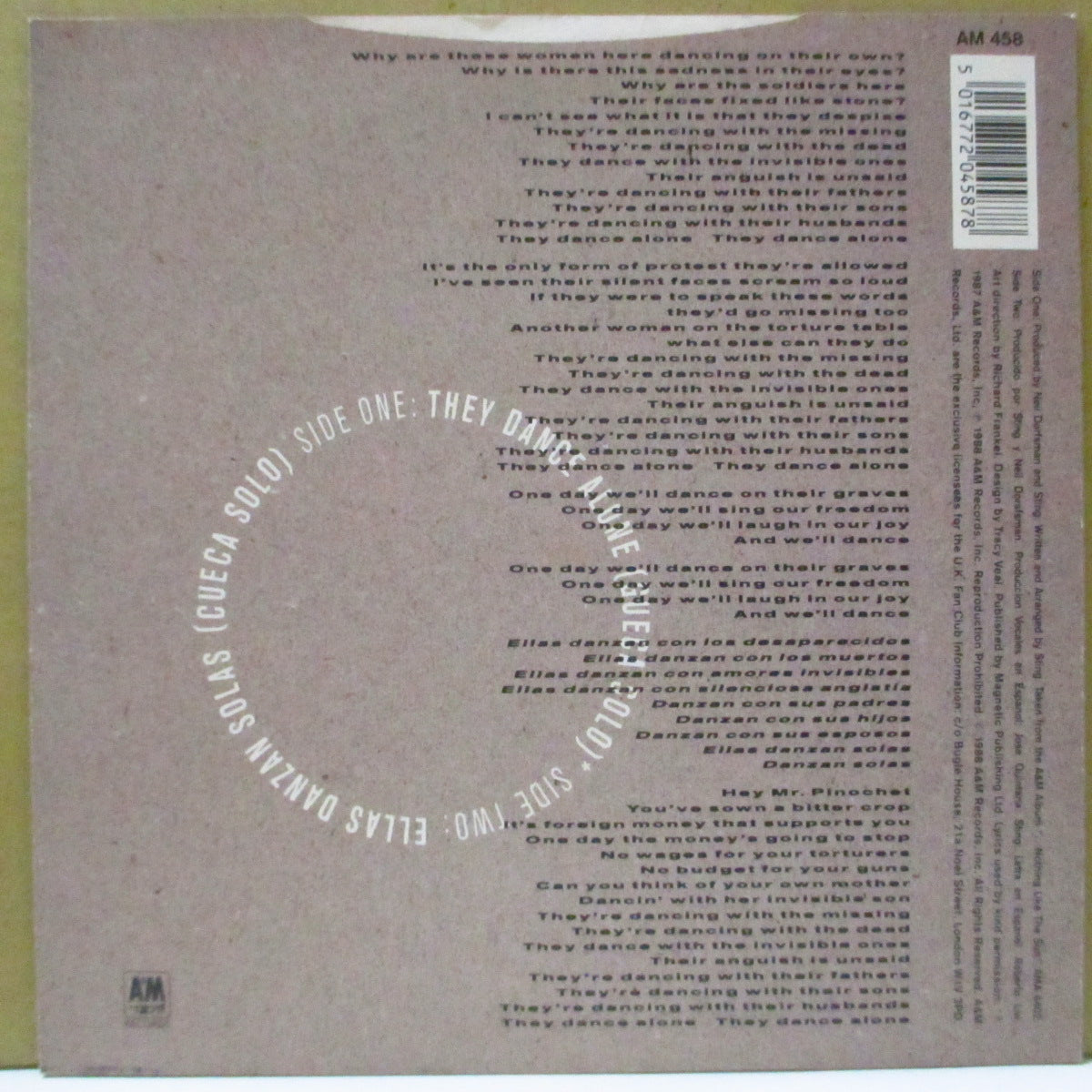 STING (スティング) - They Dance Alone (UK オリジナル 7"+マット固紙ジャケ)