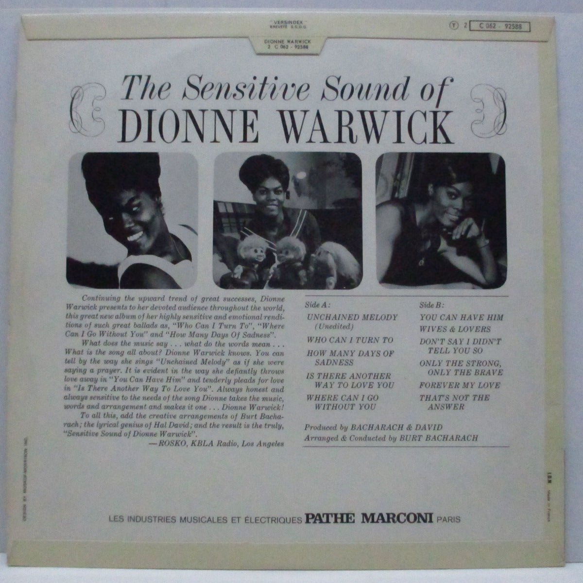 DIONNE WARWICK (DIONNE WARWICKE) (ディオンヌ・ワーウイック) - The Sensitive Sound Of Dionne Warwick (France 70's再発ステレオ LP+表面コーティング折り返ジャケ/2C 062-92588)