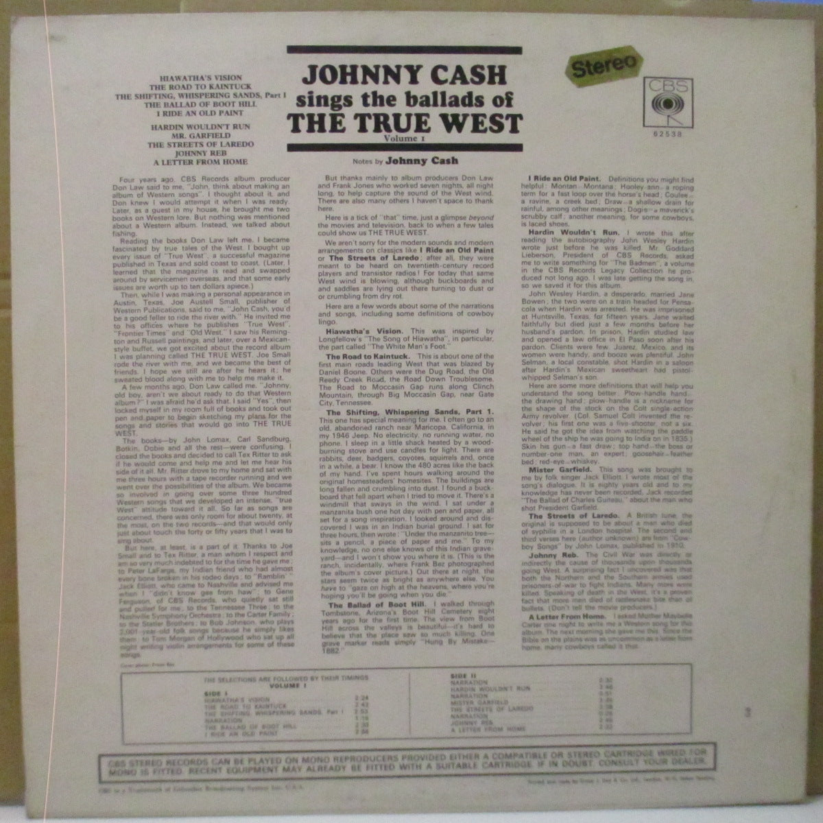 JOHNNY CASH (ジョニー・キャッシュ) - Sings The Ballads Of The True West Vol.1 (UK Orig.Stereo LP/CS)
