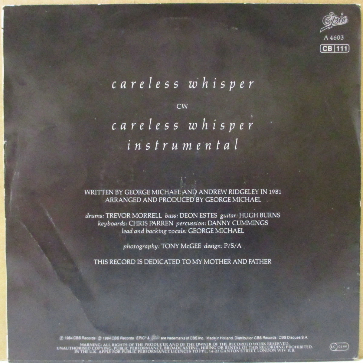 GEORGE MICHAEL (ジョージ・マイケル) - Careless Whisper (EU オリジナル・ペーパーラベ 7"+PS)