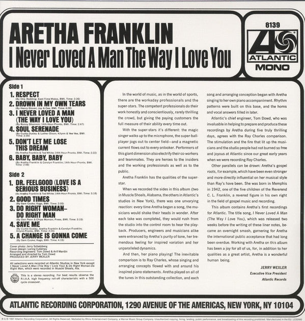 ARETHA FRANKLIN (アレサ・フランクリン) - I Never Loved A Man The Way I Love You (EU 限定復刻再発180g高音質重量モノラル LP/New) )67年の大ヒット名作!