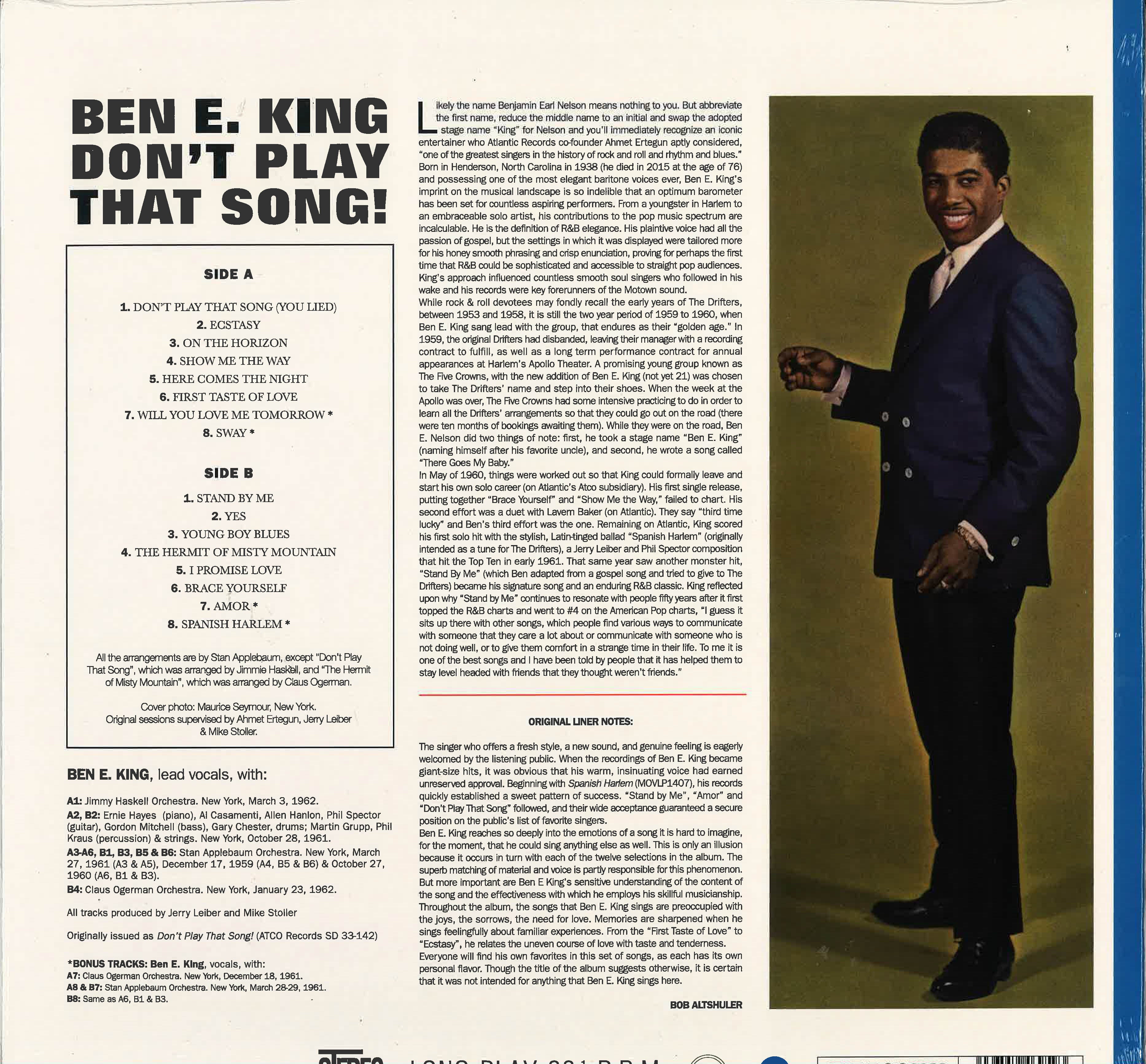 BEN E. KING (ベン E. キング) - Don't Play That Song (EU 限定復刻再発180g「ブルーVINYL」 LP) '62年ソロ・サードアルバム