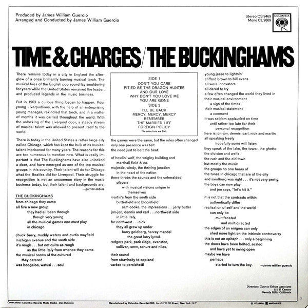 BUCKINGHAMS (バッキンガムズ) - Time & Charges (US 限定復刻再発 LP/廃盤 New)サンシャインPOP好きにもドススメの'67年名作!