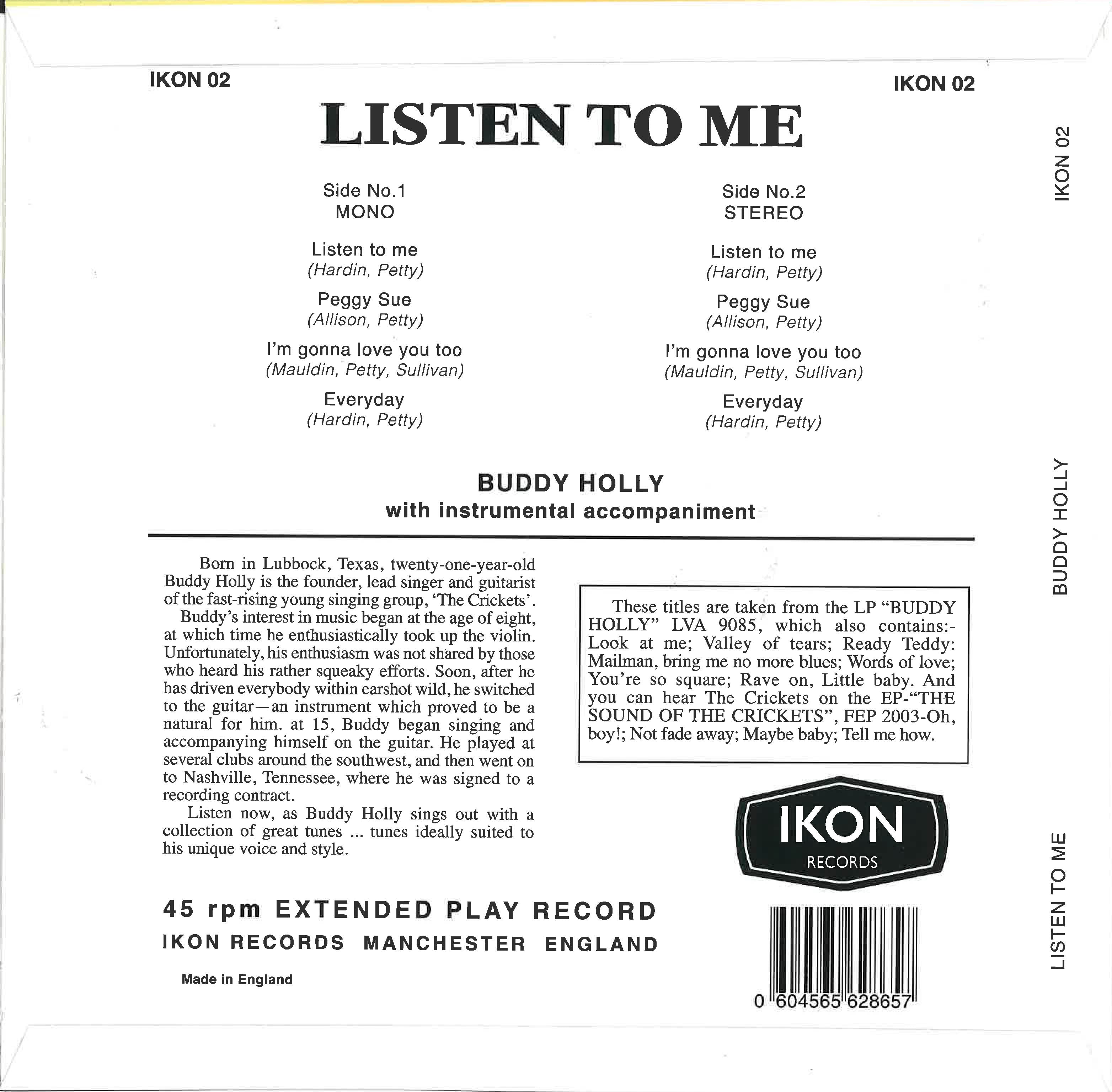 BUDDY HOLLY (バディ・ホリー) - Listen To Me (UK 500 Ltd.Reissue Cream VInyl 10" Mini LP/New)