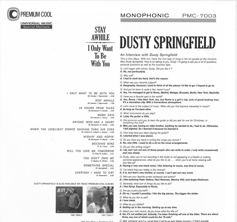 DUSTY SPRINGFIELD (ダスティ・スプリングフィールド)  - Stay Awhile - I Only Want To Be With You (US Ltd.Reissue 180g Mono LP/New)