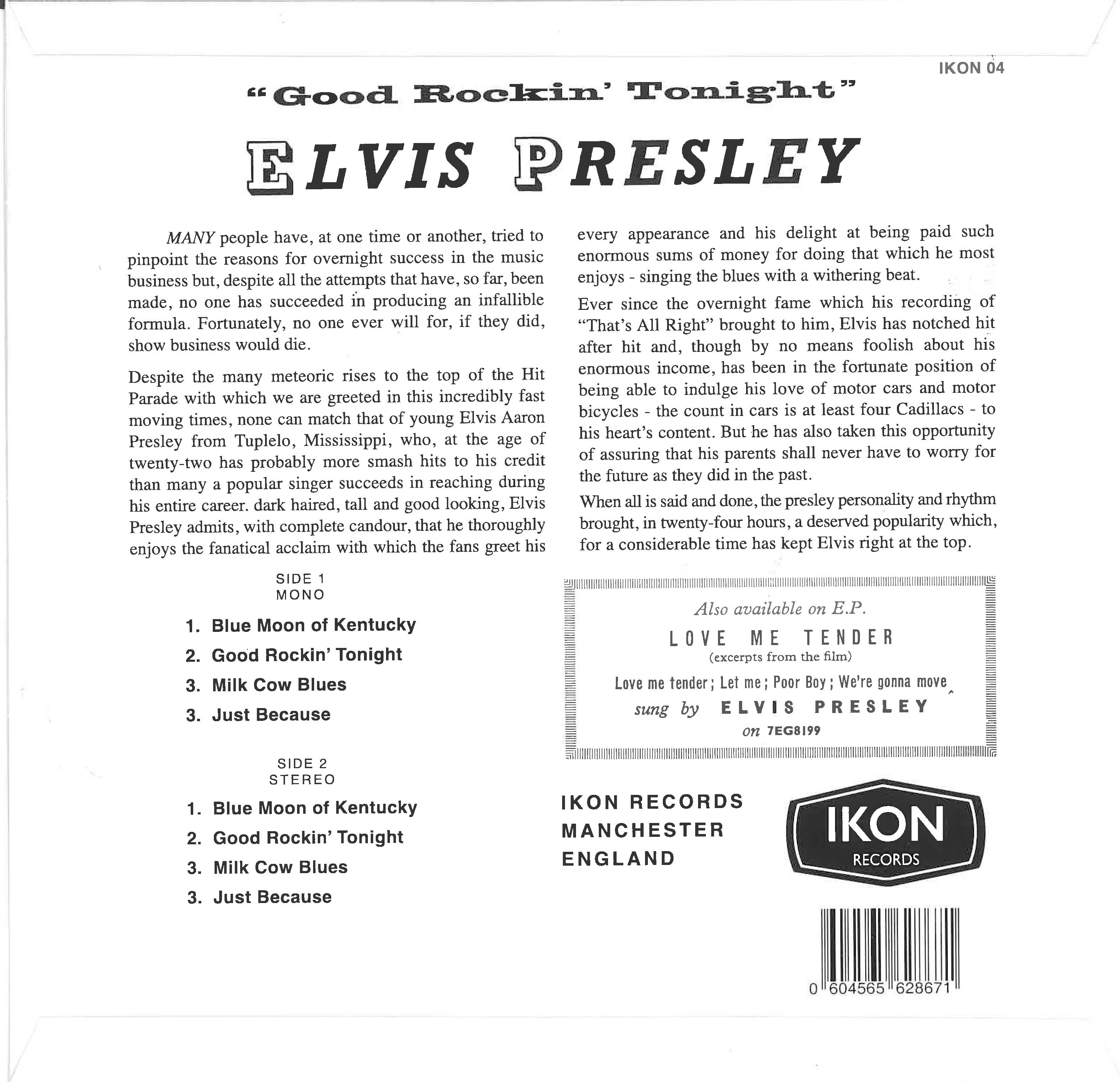 ELVIS PRESLEY (エルヴィス・プレスリー) - Good Rockin' Tonight (UK 500 Ltd.Reissue Clear VInyl 10" Mini LP/New)