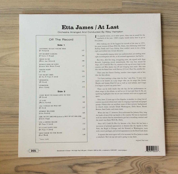 ETTA JAMES (エタ・ジェイムズ) - At Last ! (EU 限定ボーナス入り再発180g「カラー VINYL」LP/New-DOL-926HB) '60年デビューアルバム!