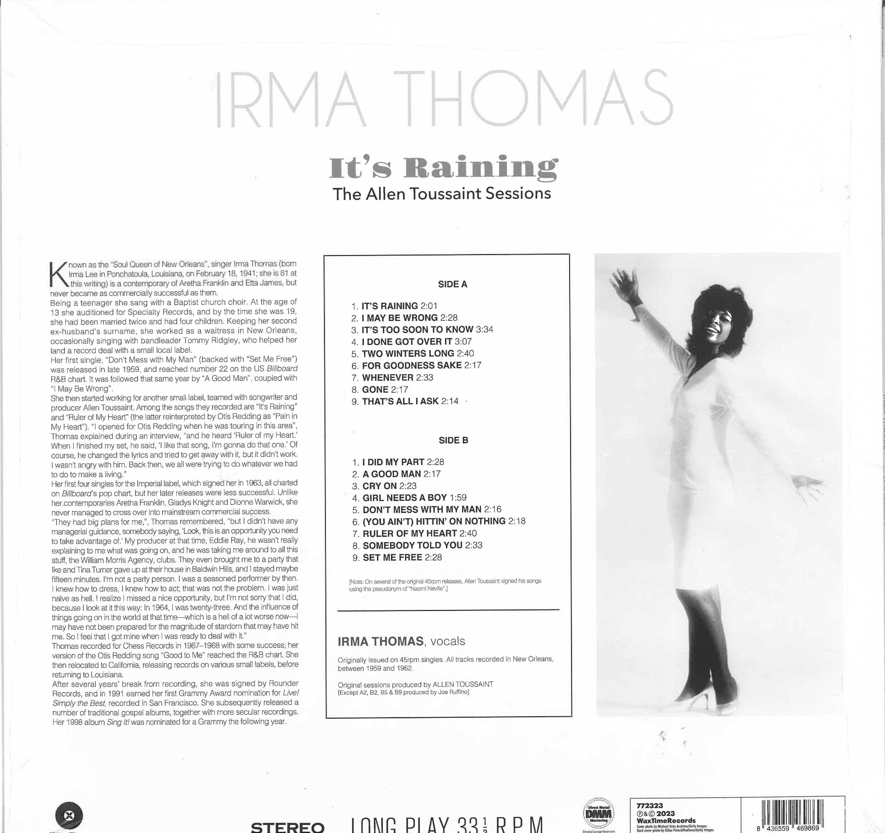 IRMA THOMAS (アーマ・トーマス) - It's Raining - The Allen Toussaint Sessions (EU 限定リリース LP/New) 黄金期'59〜'62年シングル・コンピ!