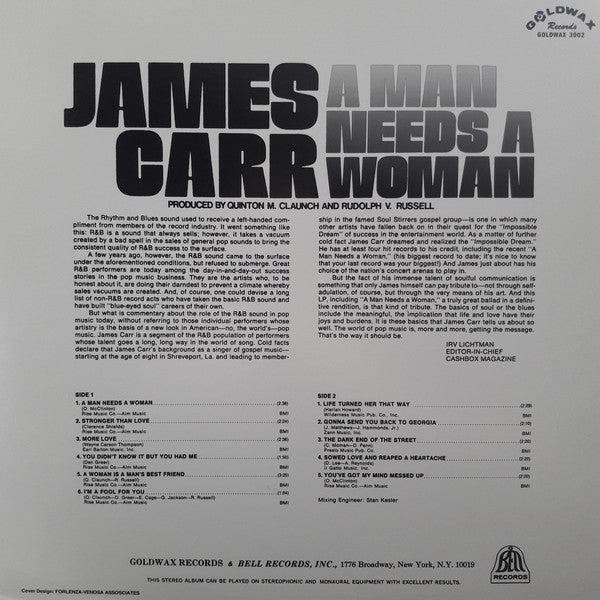 JAMES CARR (ジェイムス・カー) - A Man Needs A Woman (US 限定復刻再発 LP/New)‘68年2ndアルバム