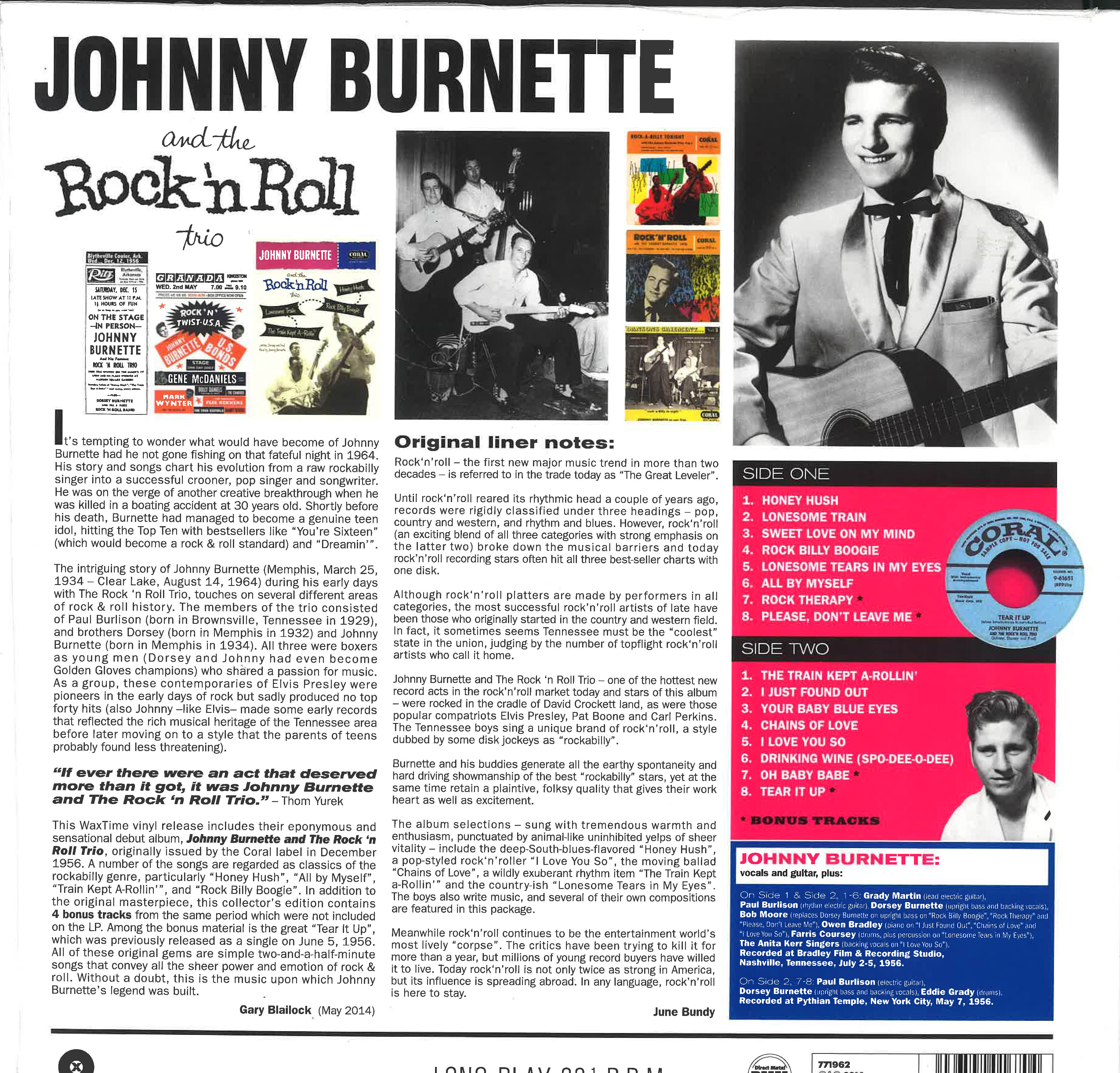 JOHNNY BURNETTE & THE R&R TRIO (ジョニー・バーネット & R&Rトリオ) - Johnny Burnette & The Rock'n'Roll Trio (EU 限定ボーナス入り再発DMMリマスター LP/New) '56年デビューアルバム!
