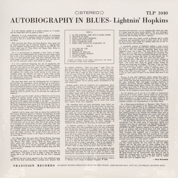 LIGHTNIN’ HOPKINS (LIGHTNING HOPKINS) (ライトニン・ホプキンス) - Autobiogrhy In Blues (US Ltd.Reissue LP/New)