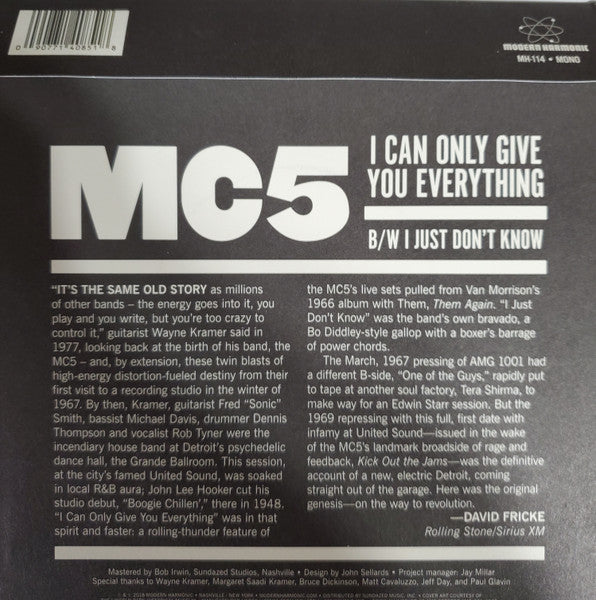 MC 5 (MCファイブ) - I Can Only Give You Everything (US Ltd.White VInyl 7"+PS/New)