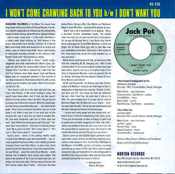 MELVIN DAVIS (メルヴィン・デイヴィス) - I Won't Come Crawling Back To You (US ノートン社限定ジャケ付き再発 7" /廃盤 New) 哀愁怪メロ・ポッポコーン・ノーザン!