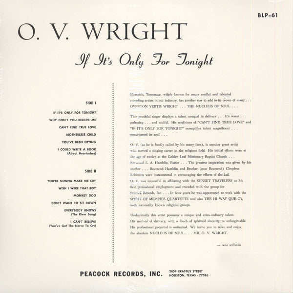 O.V.WRIGHT (オー・ヴイ・ライト) - (If It Is) Only For Tonight (US Ltd.Reissue LP/New)