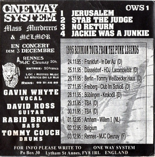 ONEWAY SYSTEM (ワンウェイ・システム) - Live In Rennes 95 (UK 500枚限定再発レッドヴァイナル 7"「廃盤 New」)