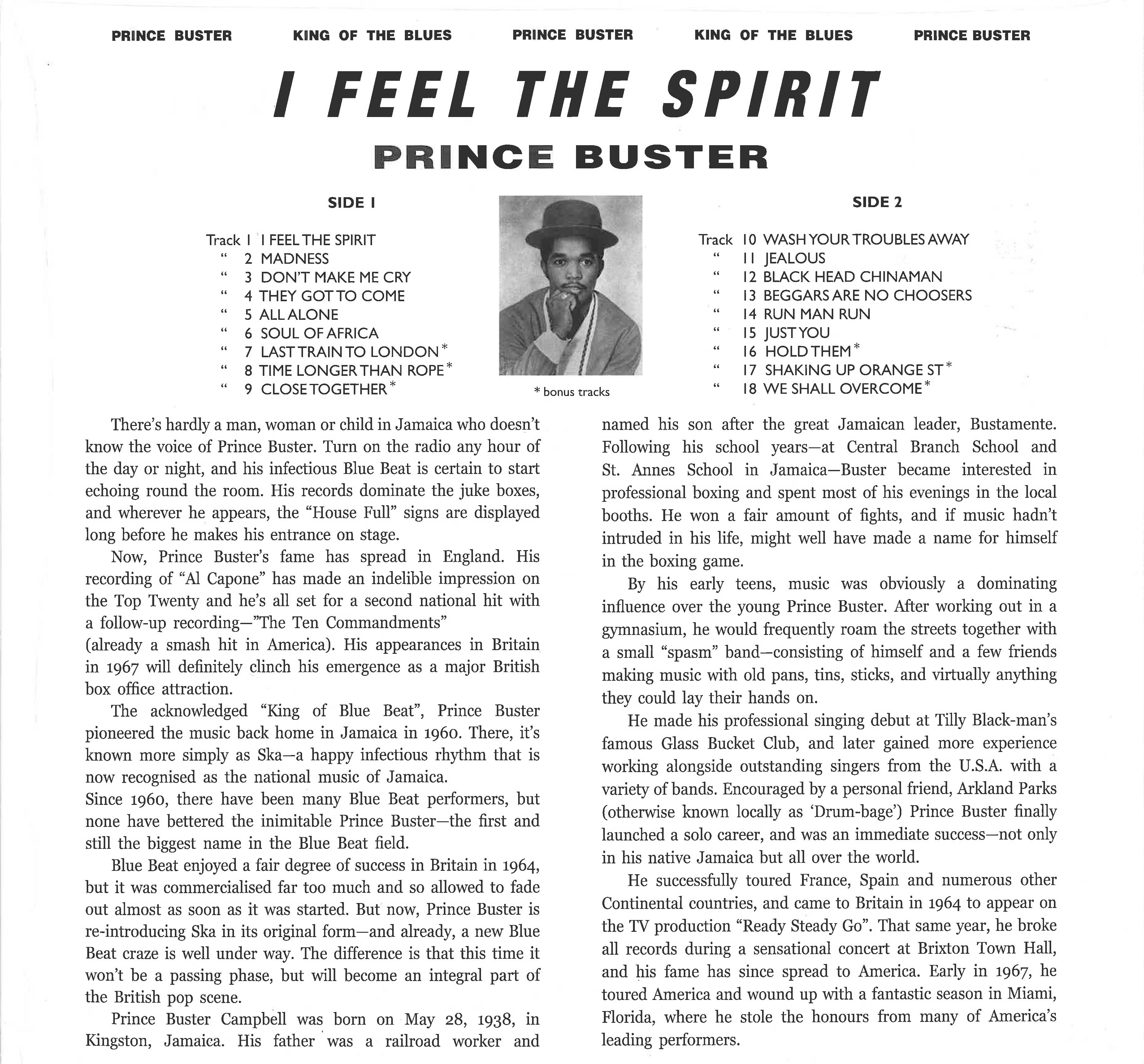 PRINCE BUSTER (プリンス・バスター) - I Feel The Spirit (EU 500枚限定復刻再発180g「ブルーVINYL」 LP/New)