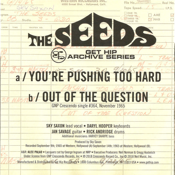 SEEDS (シーズ) - You're Pushing Too Hard (US Ltd. Reissue 7"+PS/New)