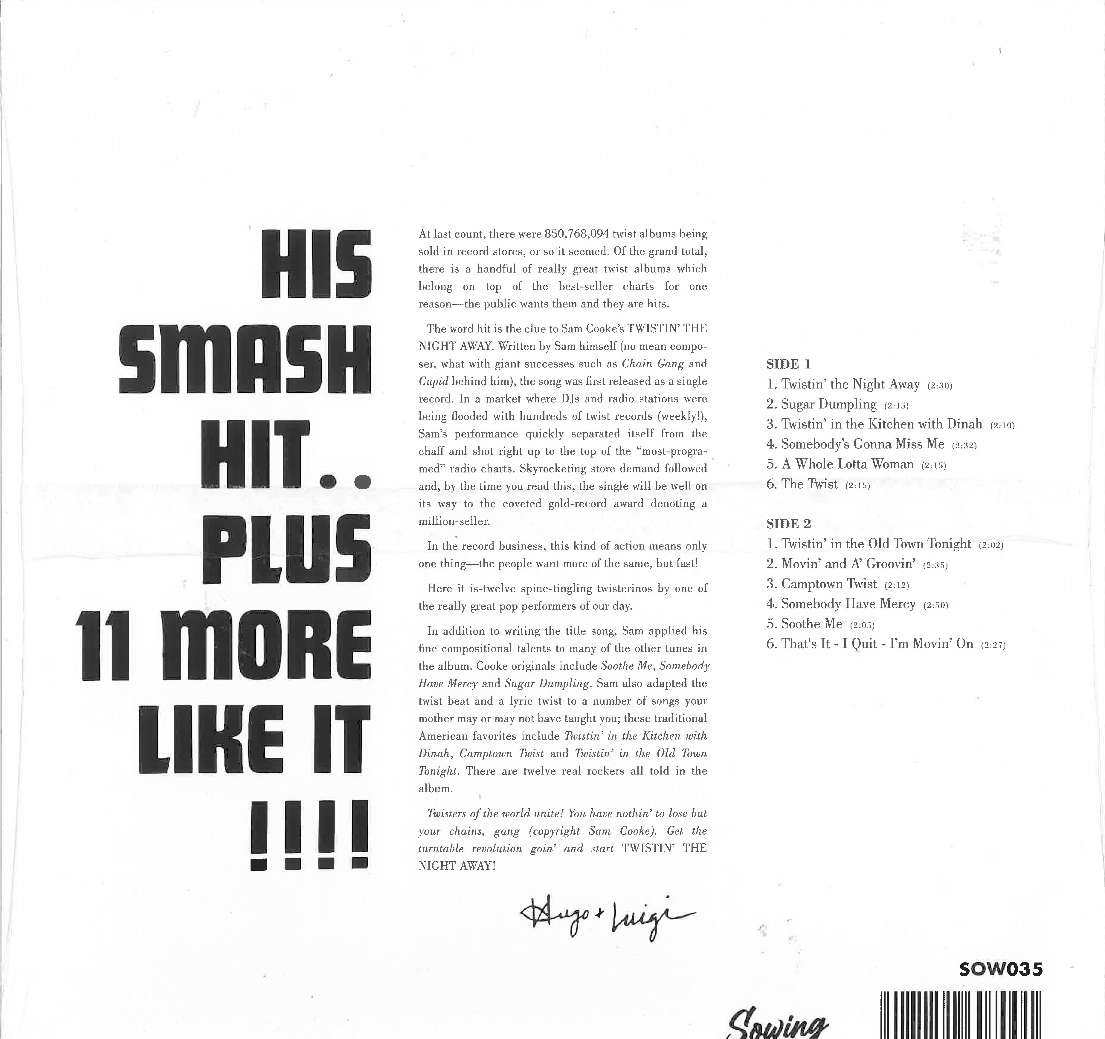 SAM COOKE (サム・クック) - Twistin’ The Night Away (EU 限定復刻再発「クリア VINYL」LP/New) '62年名作アルバム!