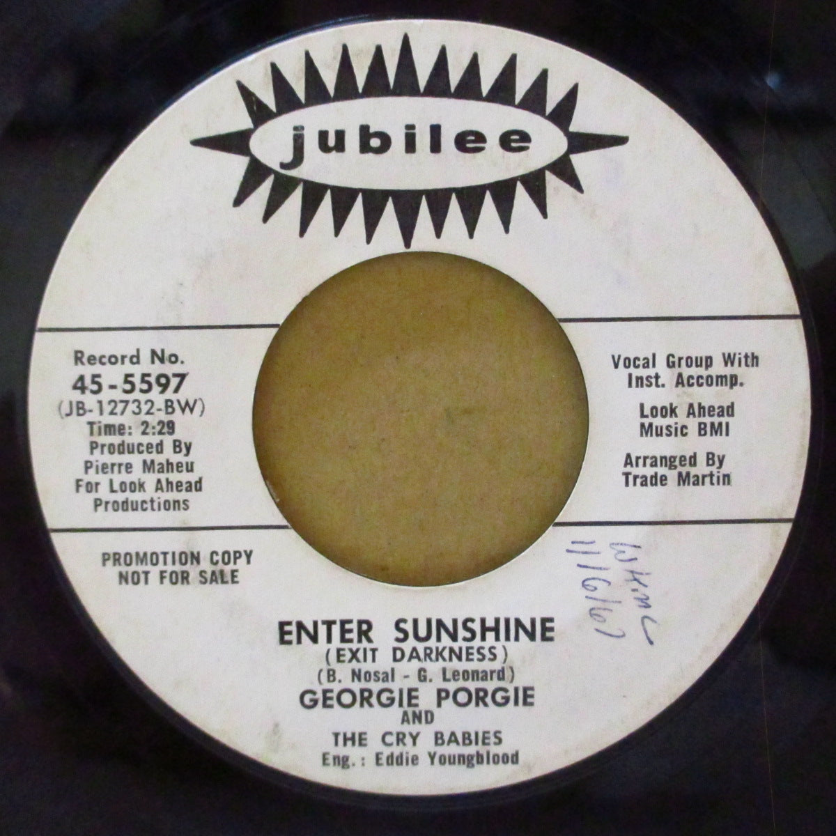GEORGIE PORGIE & THE CRY BABIES (ジョージー・ポージー＆ザ・クライ・ベイビーズ)  - Enter Sunshine / The Lake (US '68 プロモ・白ラベ7インチ)英ノーザン界で人気、癒し美メロ・ソフトロック調ノーザンポップ！