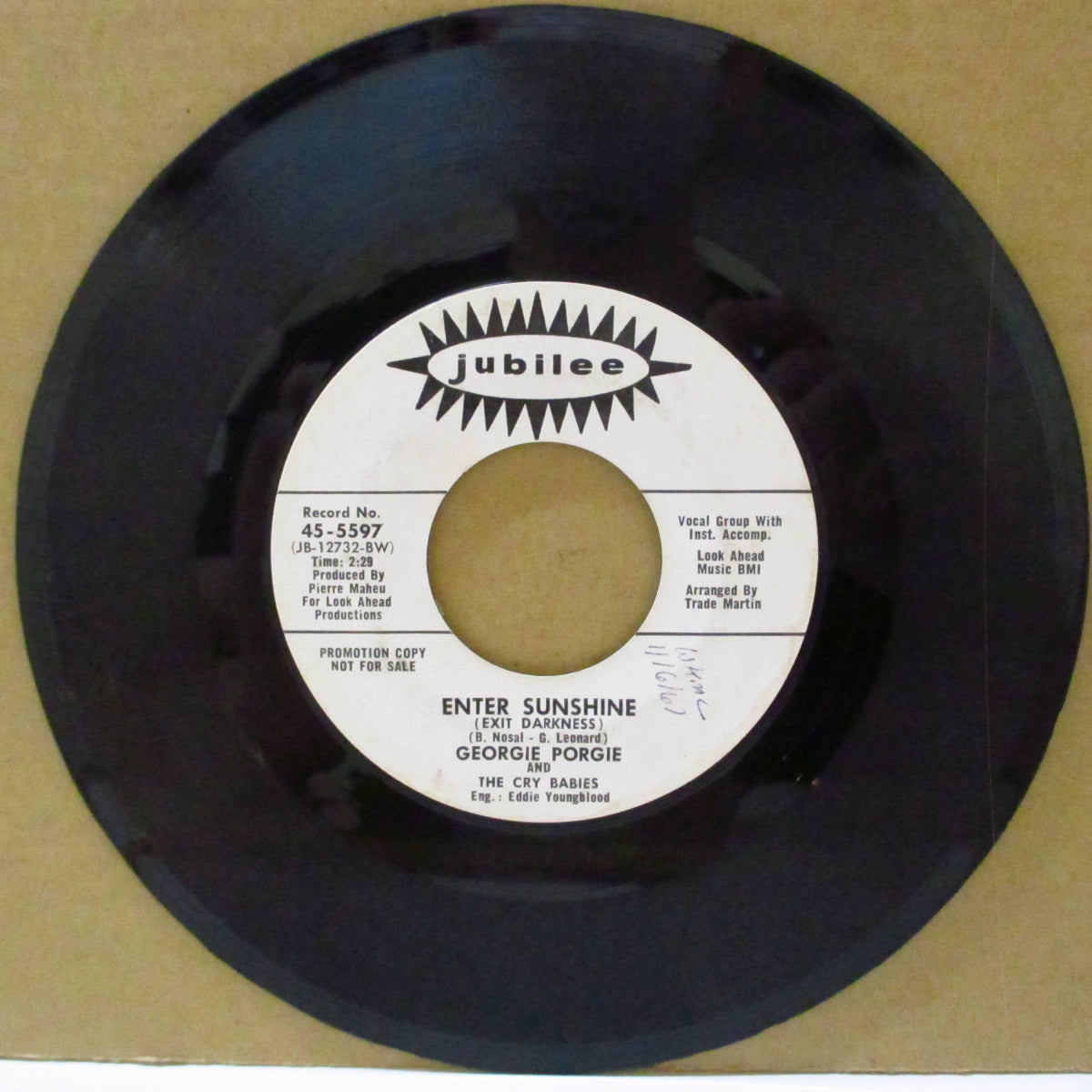 GEORGIE PORGIE & THE CRY BABIES (ジョージー・ポージー＆ザ・クライ・ベイビーズ)  - Enter Sunshine / The Lake (US '68 プロモ・白ラベ7インチ)英ノーザン界で人気、癒し美メロ・ソフトロック調ノーザンポップ！