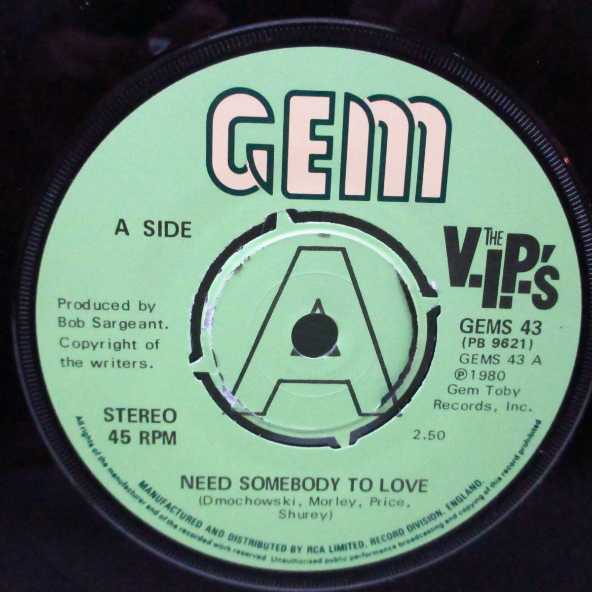 V.I.P.'s, THE (ザ・ヴィップス)  - I Need Somebody To Love...(UK オリジナル 7"/ステッカー付き光沢ソフト紙折り返ジャケ) ボーナスEP「Beat Crazy!」付き !