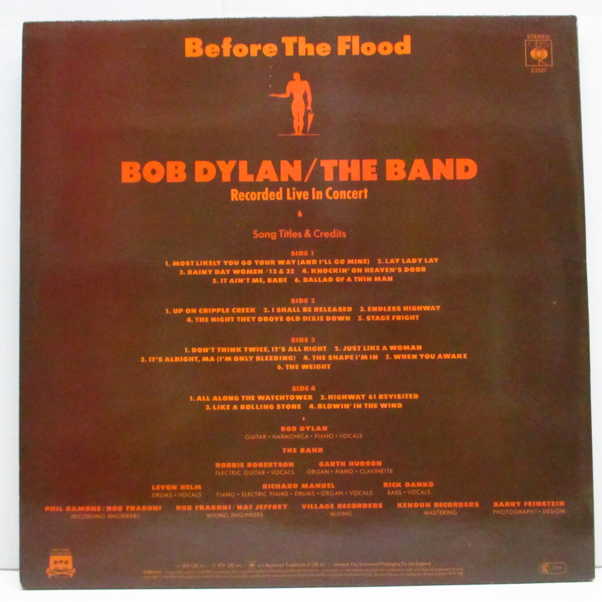 BOB DYLAN & BAND, THE (ボブ・ディラン & ザ ・バンド)  - Before The Flood (UK 70's CBS 再発「オレンジ/イエローラベ」2xLP+見開ジャケ/CBS 22137)