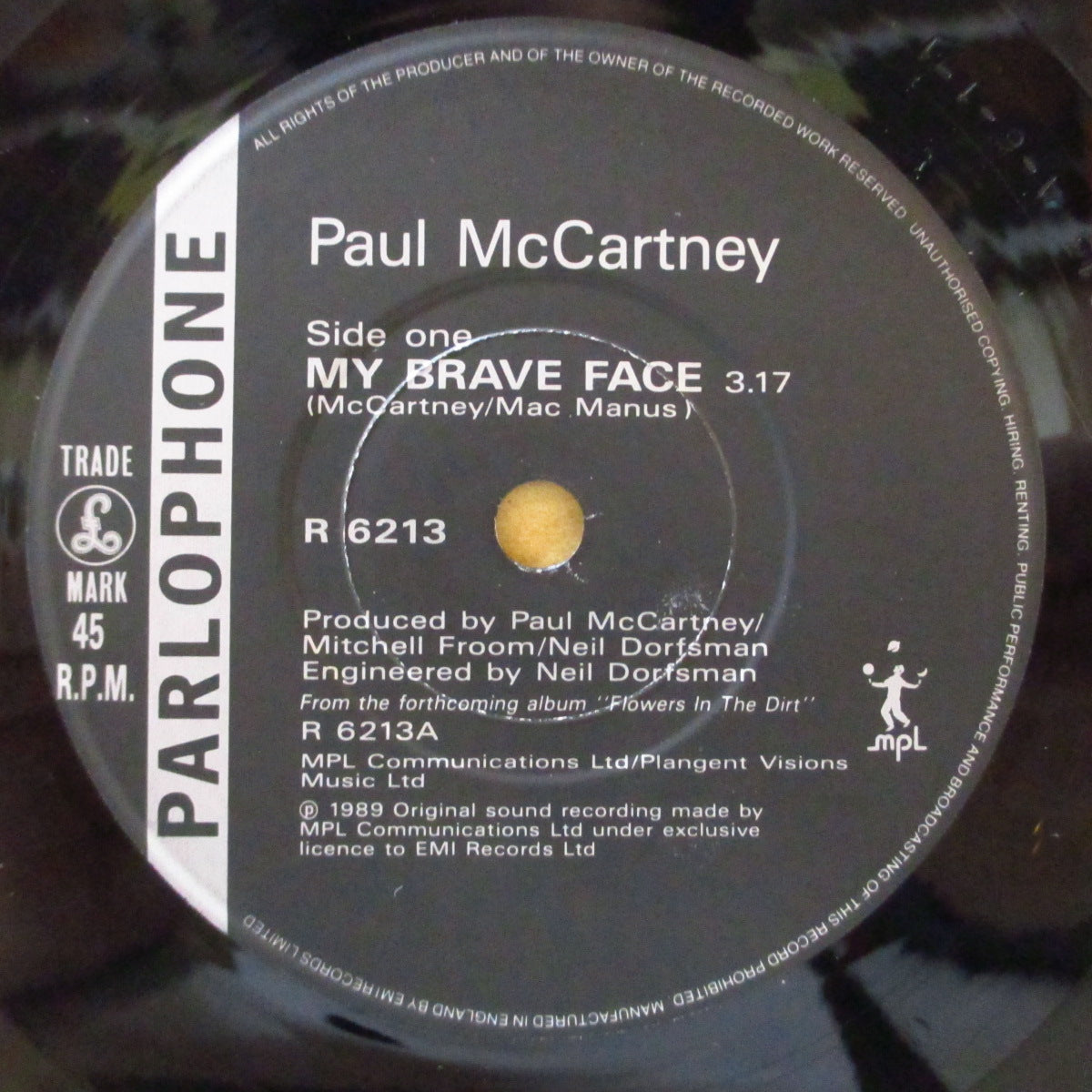 PAUL McCARTNEY (ポール・マッカートニー)  - My Brave Face (UK '89 オリジナル「黒紙ラベ・フラットセンター」 7インチ+光沢固紙ジャケ)