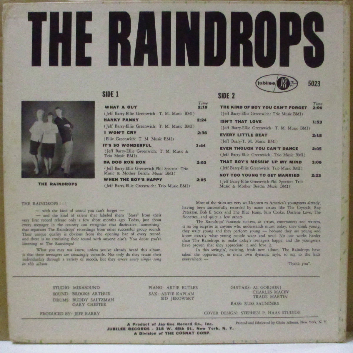 RAINDROPS, THE (ザ・レインドロップス)  - The Raindrops (US '63 オリジナル・モノラルLP)天才作曲コンビ「ジェフ・バリー＆エリー・グリーニッチ夫婦グループ唯一アルバム！