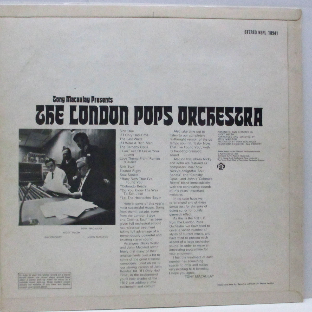 LONDON POPS ORCHESTRA, THE (ザ ・ロンドン・ポップス・オーケストラ)  - Tony Macaulay Presents The London Pops Orchestra (UK オリジナル「ステレオ」LP/3面コーティング三面折り返ジャケ)