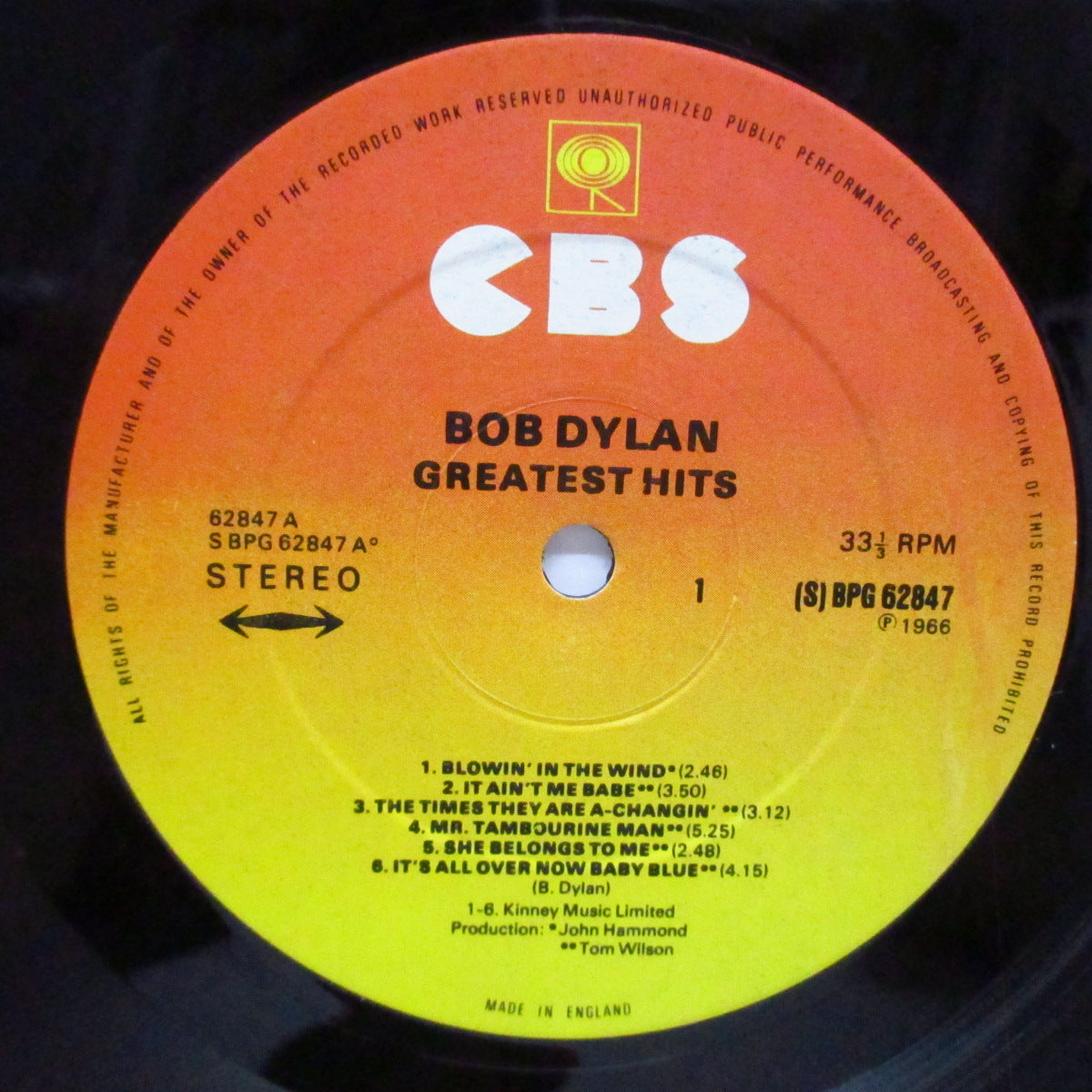 BOB DYLAN (ボブ・ディラン)  - Greatest Hits (UK 70's 再発「オレンジ/イエローラベ」ステレオ LP)