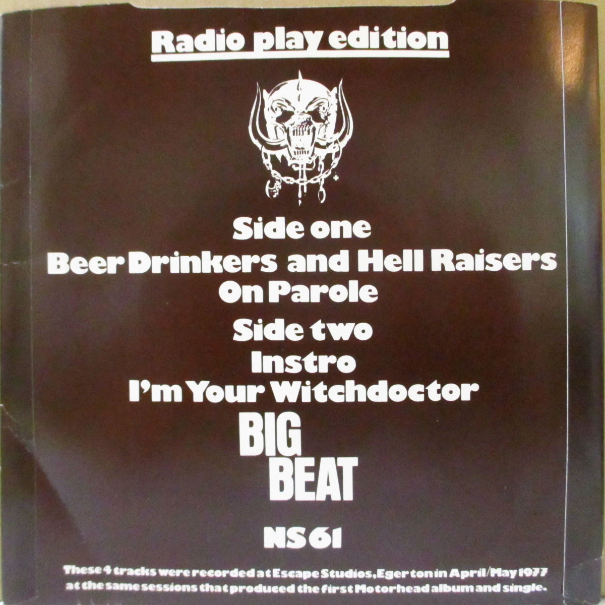 MOTORHEAD (モーターヘッド)  - Beer Drinkers & Hell Raisers +3 (UK '80 再発4曲入り 7インチ+茶色固紙ジャケ)