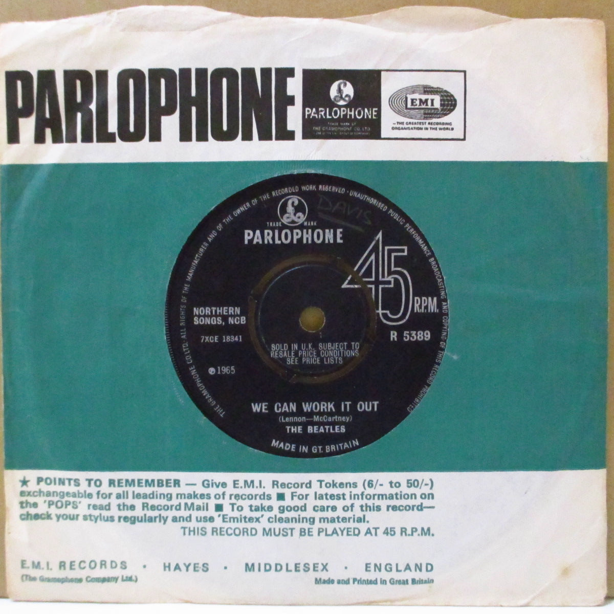 BEATLES (ビートルズ)  - We Can Work It Out (UK '65 2ndプレス「作者名間ハイフン表記・ラウンドセンター #2」 7インチ+カンパニースリーブ)