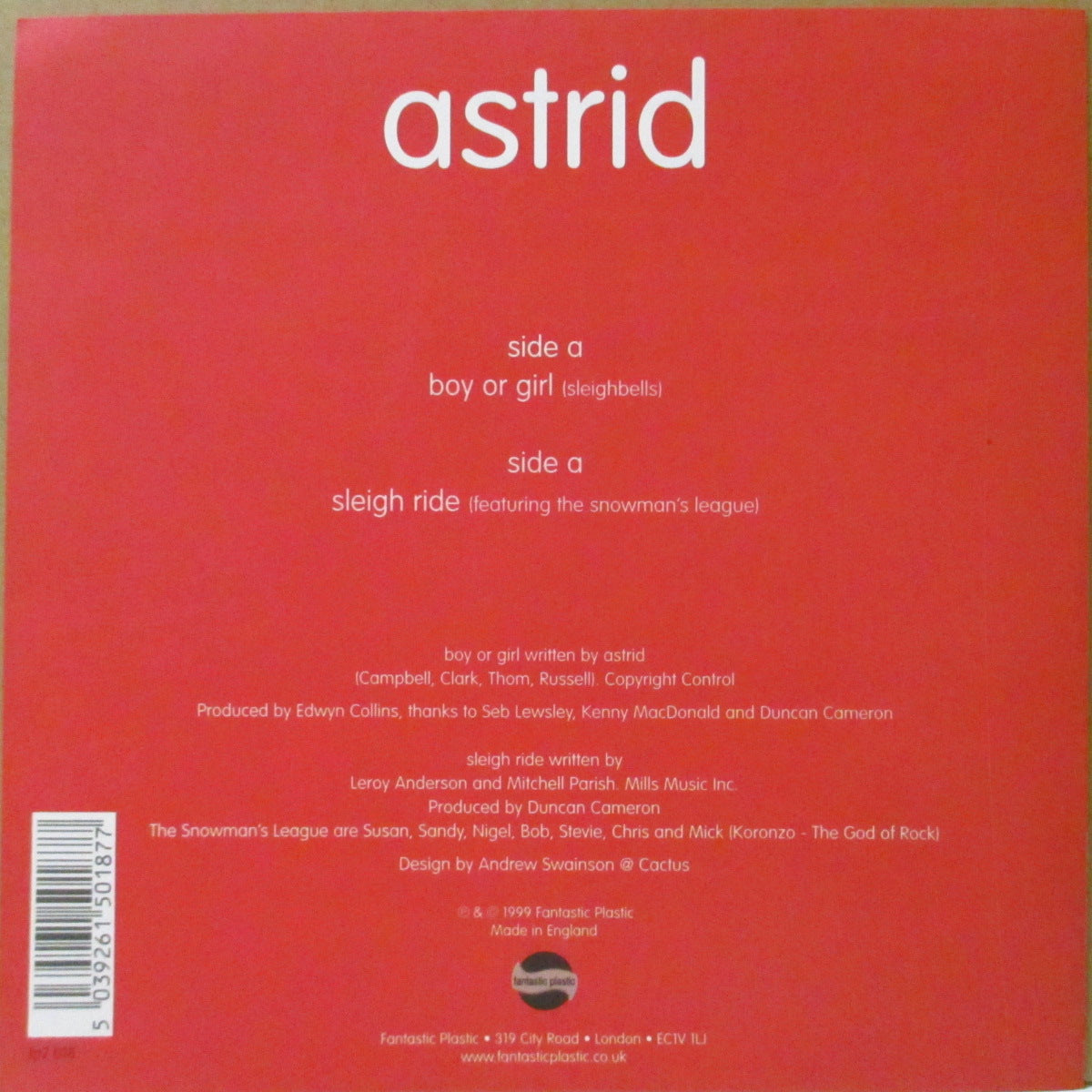 ASTRID (アストリッド)  - Boy Or Girl +2 (UK '99 オリジナル「ホワイトヴァイナル」 7インチ+マット固紙ジャケ)