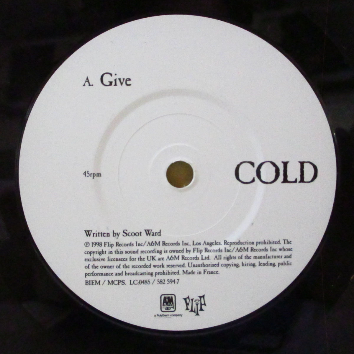 COLD (コールド)  - Give (UK '98 オリジナル「黒盤」 7インチ+レアステッカー付き光沢固紙ジャケ, 固紙インナー)