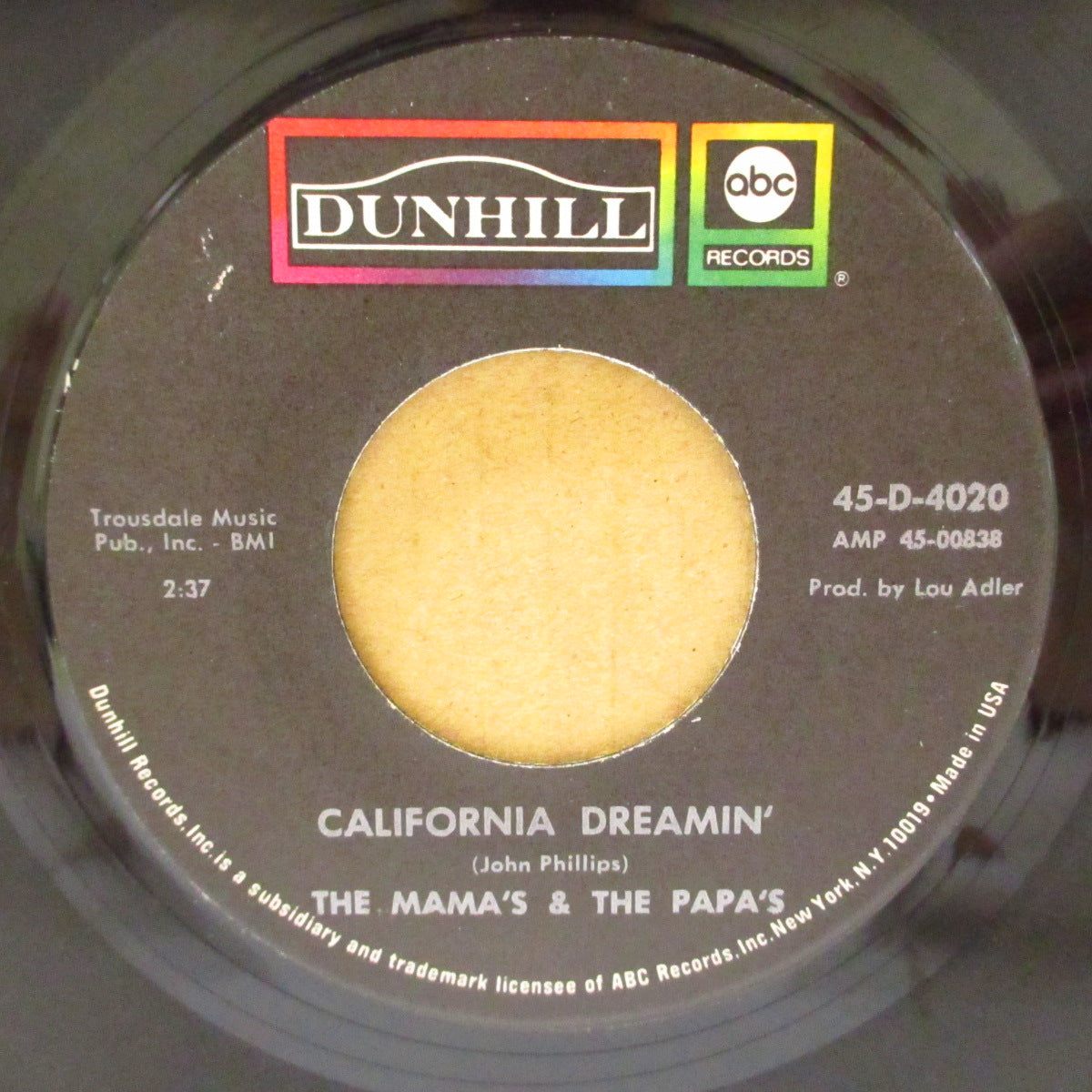 MAMAS & THE PAPAS, THE (ザ・ママス ＆ ザ・パパス)  - California Dreamin' (US 70's 再発ABCダンヒル社 7インチ)  フラワーポップ名曲「夢のカリフォルニア」