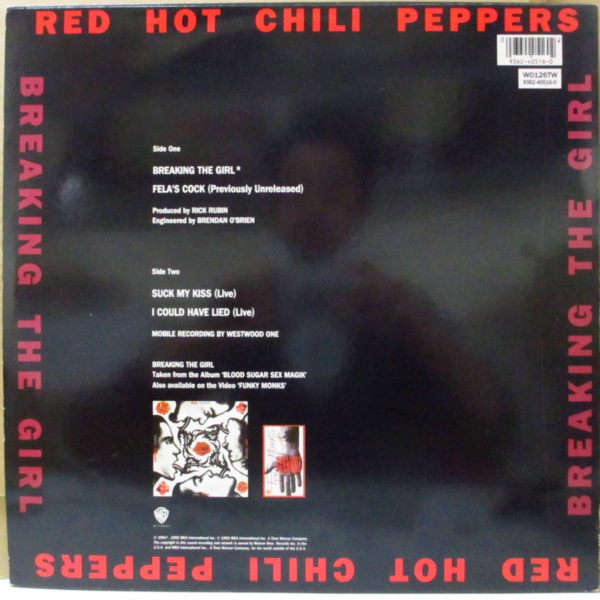 RED HOT CHILI PEPPERS (レッド・ホット・チリ・ペッパーズ)  - Breaking The Girl +3 (UK '92 オリジナル4曲入り 12インチ-レアステッカー付き光沢ジャケ/ポスター欠)