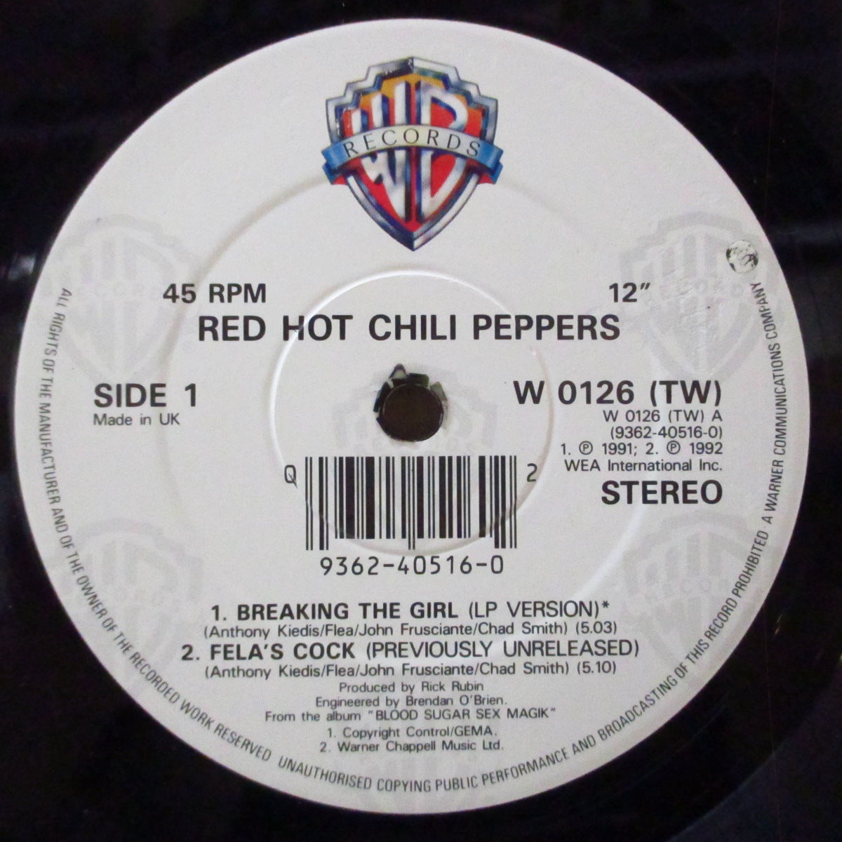 RED HOT CHILI PEPPERS (レッド・ホット・チリ・ペッパーズ)  - Breaking The Girl +3 (UK '92 オリジナル4曲入り 12インチ-レアステッカー付き光沢ジャケ/ポスター欠)