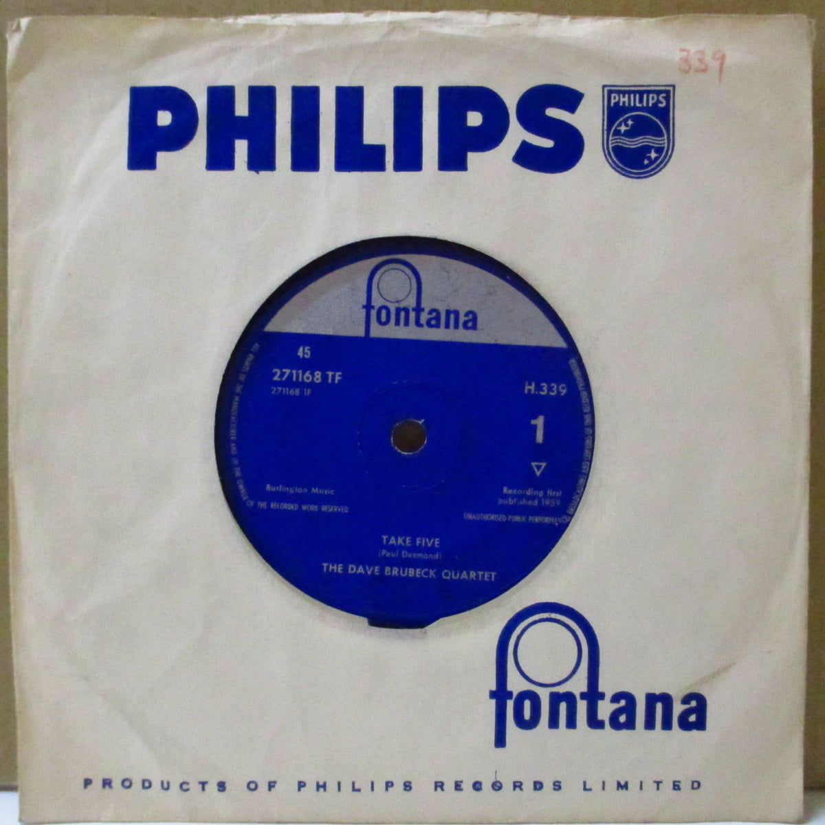 DAVE BRUBECK QUARTET  (デイヴ・ブルーベック・カルテット)  - Take Five (UK '61年オリジナル「ソリッドセンター」7インチ+カンパニースリーブ) クラブ・ソウル界でも人気の'59年MOD（5拍子）ジャズ名曲！