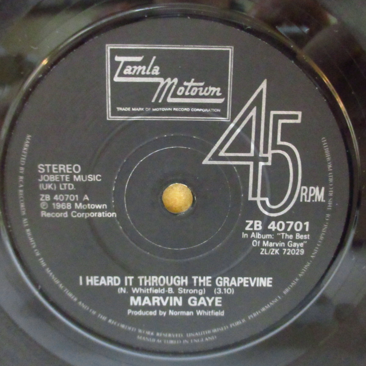 MARVIN GAYE (マーヴィン・ゲイ)  - I Heard It Through The Grapevine (UK '86年ジャケ付き再発「黒ラベ、小穴ソリッド・センター」 7 インチ) 
