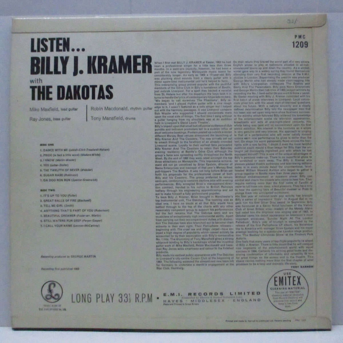 BILLY J.KRAMER WITH THE DAKOTAS (ビリー J.クレーマー・ウィズ・ザ・ダコタス)  - Listen... (UK オリジナル「モノラル」LP/表面コーティング3面折り返ジャケ) '64年ファーストアルバム！